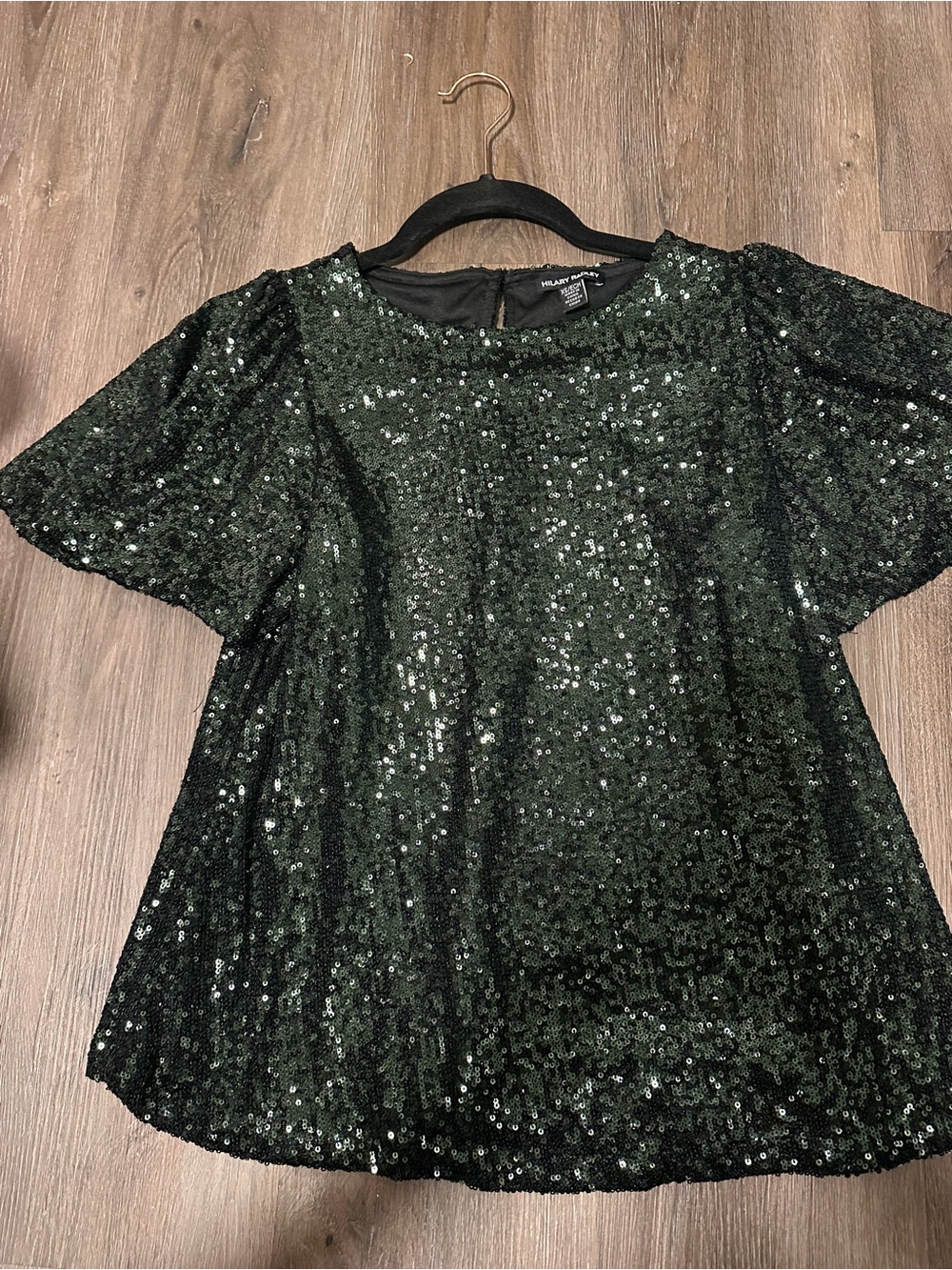 Hilary Radley Dark Green Sequin Short Sleeve Top XS
